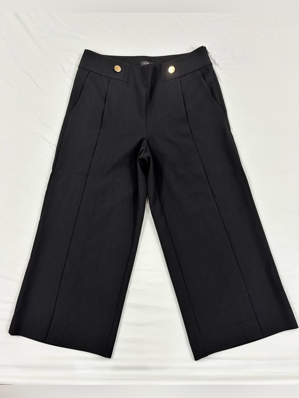 LOFT Black Cropped Wide Leg Pants Gold Button Sail Detail Size 4